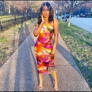 Colorful Ruched Maxi Dress with Clear Straps